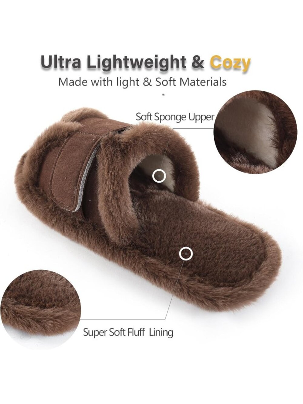 Women's Brown Suede Furry Fuzzy Memory Foam Fluffy Open Toe Soft Slipper Shoes - Picture 3 of 5